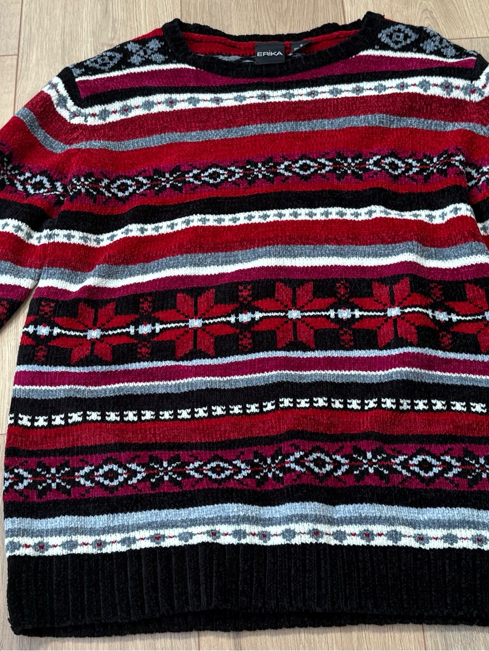 Erika Red, Black & Gray Striped Fair Isle Crewneck Sweater